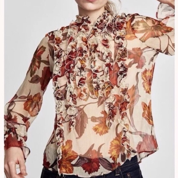 Zara Autumn Floral Ruffle BlouseSize XS - Picture 1 of 7